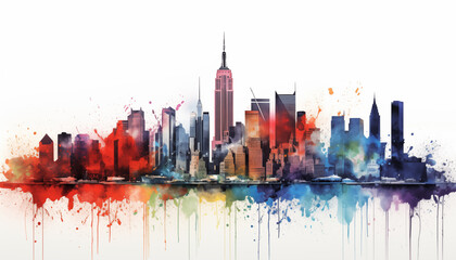 Artist sketch with splashes of color of New York City skyline. Tourism and art in NYC.