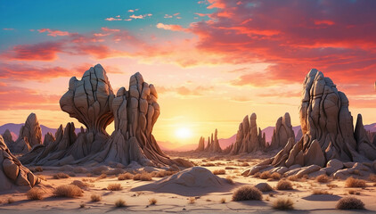 An otherworldly alien desert landscape at dusk, with a bright sun setting behind a horizon filled with strange, surreal rock formations and plants that defy earthly norms - AI Generative