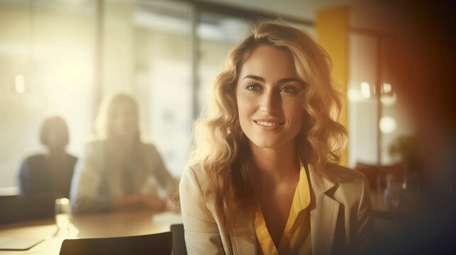 Isolated beautiful businesswoman in an office meeting on blurred flare bokeh background
