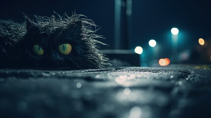 Portrait of a fluffy stray cat in black color. Scary monster toy. A witch's pet or demon. Illustration for banner, poster, cover, brochure or presentation. - obrazy, fototapety, plakaty