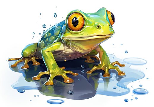 Close-up of a frog or toad in a painted style with paint splatters.  Illustration for cover, card, postcard, interior design, decor or print.