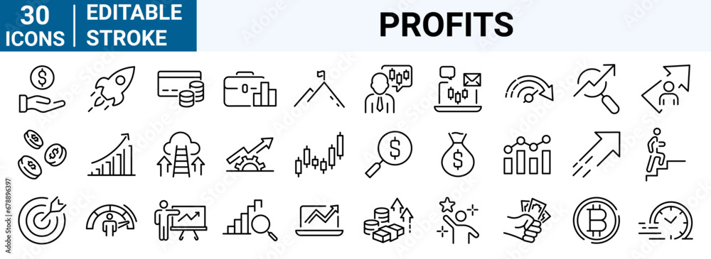 Wall mural set of 30 line web icons Investment, Profits, bear, bull, stock exchange, profits, trading, growth, collection. Editable stroke.