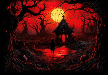 Creepy wooden house at night with glowing windows. An old haunted house in a dark forest. Mystical scene. Halloween. Illustration for cover, card, postcard, interior design, poster, brochure, etc.