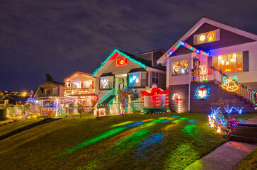 Vancouver, Canada, December 26, 2022: House Decorated and Lighted for Christmas at Night.