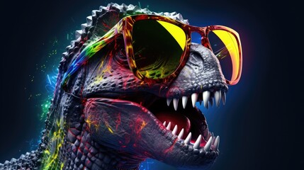 Funny tyrannosaurus rex with sunglasses. Prehistoric lizard. T-Rex monster. Children's toy figurine of a dinosaur made of plastic or rubber. Digital art. Illustration for cover, card, print, etc.