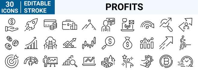 set of 30 line web icons Investment, Profits, bear, bull, stock exchange, profits, trading, growth, collection. Editable stroke.