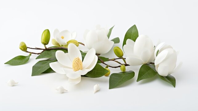 A blooming jasmine, magnolia or gardenia flower on a sprig with buds and green leaves. Illustration for cover, card, postcard, interior design, brochure or presentation.