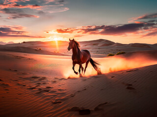 Horse in the Sahara desert, Morocco, Africa. Sunset landscape
