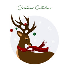 Fototapeta premium Reindeer wearing santa scarf with Christmas balls in frame in vector