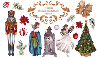 Watercolor clipart with Christmas toys of Nutcracker, soldier, ballerina, princess, clock, tree, snowflakes, gifts and flowers, isolated on white background © марина васильева