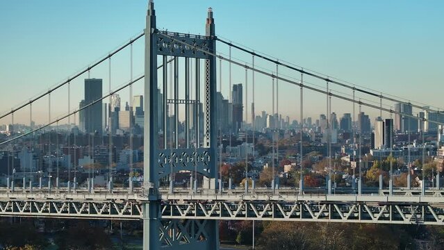 Drone shot of New York City on a fall morning. Shot in Astoria, Queens alongside the RFK Bridge.