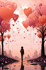 A Valentine's day card. Silhouette of a woman next to trees and lots of hearts around. 