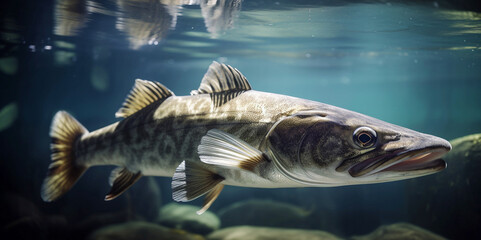 Fishing. Close-up shut of a zander fish under water. Generative AI - obrazy, fototapety, plakaty