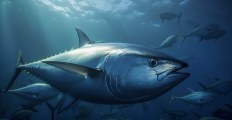 Obraz premium Fishing in the sea. tuna fish underwater view. Generative AI