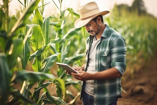Asian Farmer Engrossed in Technology Checking Data on a Tablet in a Generative AI