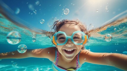 child swimming underwater - obrazy, fototapety, plakaty