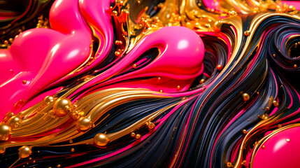 Close up of pink, black, and gold abstract design on surface.