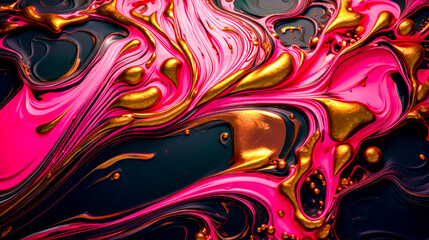 Close up view of pink and black liquid liquid painting on black background.