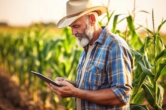 Caucasian Male Farmer Analyzing Crop Data in a Vast Field Generative AI
