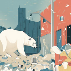 Illustration of Global Warming Polar Bear in the Streets surrounded by Trash