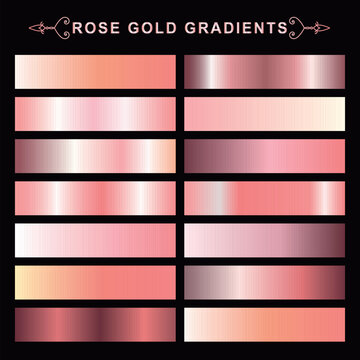 Set Of Gold Rose Foil Texture. Collection Of Pink Metallic Textures Isolated On Black Background. Vector Illustration