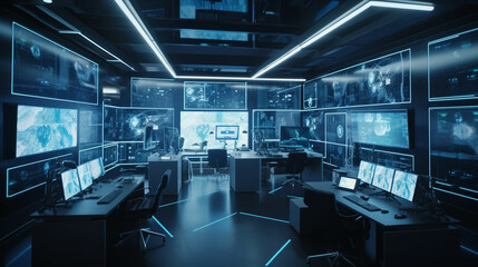 futuristic room with monitors and maps. Generative AI