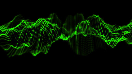 Green dynamic wave texture. Structure with dots on the dark background. Futuristic network connection or landscape. Big data visualization. 3D rendering.