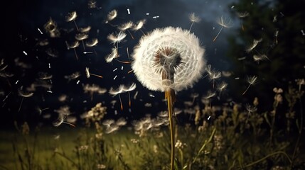 Dandelion with Flying Seeds - obrazy, fototapety, plakaty