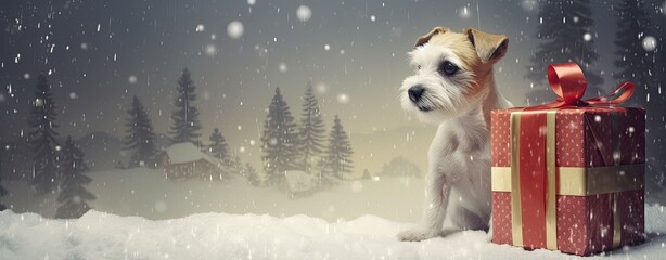 Dog with christmas gifts, web banner fromat