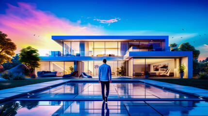 Man standing in front of large house with pool in front of it. - Powered by Adobe