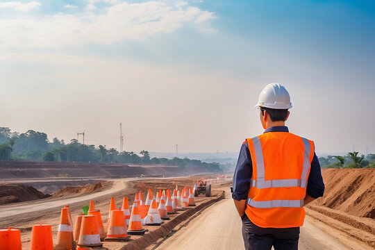Homem observando constru&ccedil;&atilde;o de estrada, v&aacute;rios cones de seguran&ccedil;a na imagem