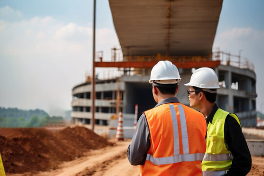 Dois homens observando constru&ccedil;&atilde;o, EPI, seguran&ccedil;a do trabalho