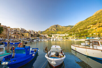 Fototapeta na wymiar Castellammare del Golfo on Sicily, harbor with fishing boats in the morning, Italy, Europe.