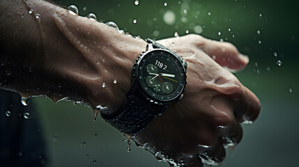 Waterproof smartwatch on mans hand with water splashes around. Water sprayed on the Smart watch....