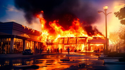 Large fire burning in building next to bunch of people standing in front of it. - obrazy, fototapety, plakaty