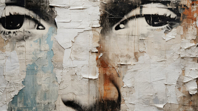 Old wrinkled grunge ripped torn placard posters background. Remains of torn poster with woman face on wall