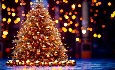 Small christmas tree with gold ornaments on shiny surface with lights in the background.