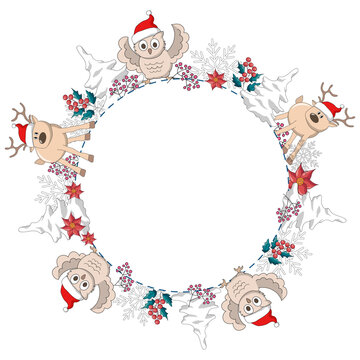Round frame of deer, owls, snow-covered fir trees and red berries. Copy space. Vector illustration.