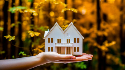 Person's hand holding model of house in front of tree.