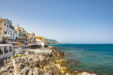 Fototapeta na wymiar The seashore in Cefalu town, an attractive destination in Sicily, Italy, Europe.