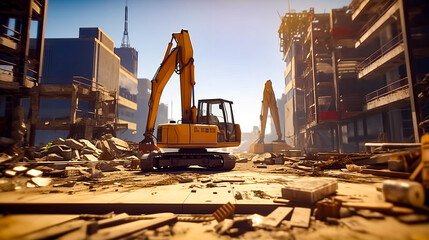 Yellow excavator sitting on top of pile of rubble.
