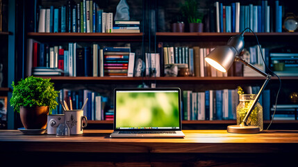 Open laptop computer sitting on top of wooden desk in front of bookshelf.