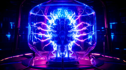 Computer generated image of brain in glass container with neon lights.