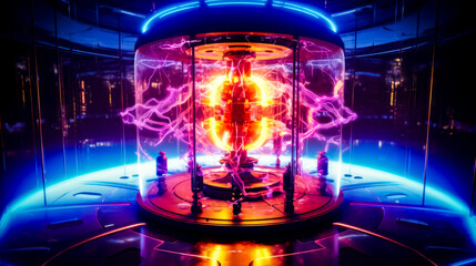 Man standing in front of spinning machine in futuristic setting with neon lights.