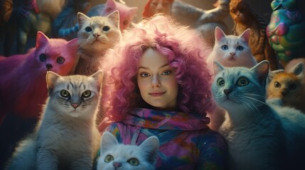 Female Space Traveler Surrounded by Cats