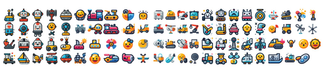 A set of icons and emojis for machines, games, first aid, cars and equipment