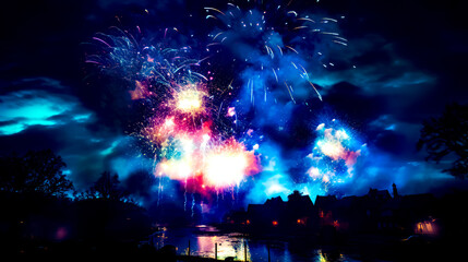 Fireworks display in the night sky over body of water with houses and buildings in the background.