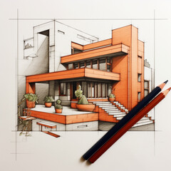 Sketch a section of a modern house with pencil and pap