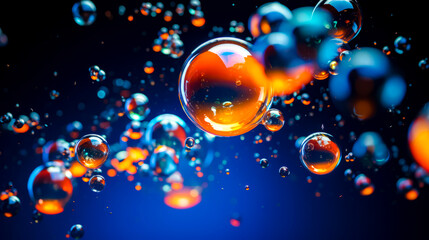 Bunch of bubbles floating in the air on blue and black background.