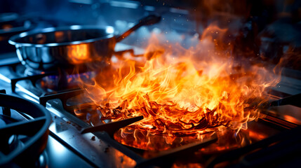 Close up of frying pan on stove with lot of fire. - obrazy, fototapety, plakaty